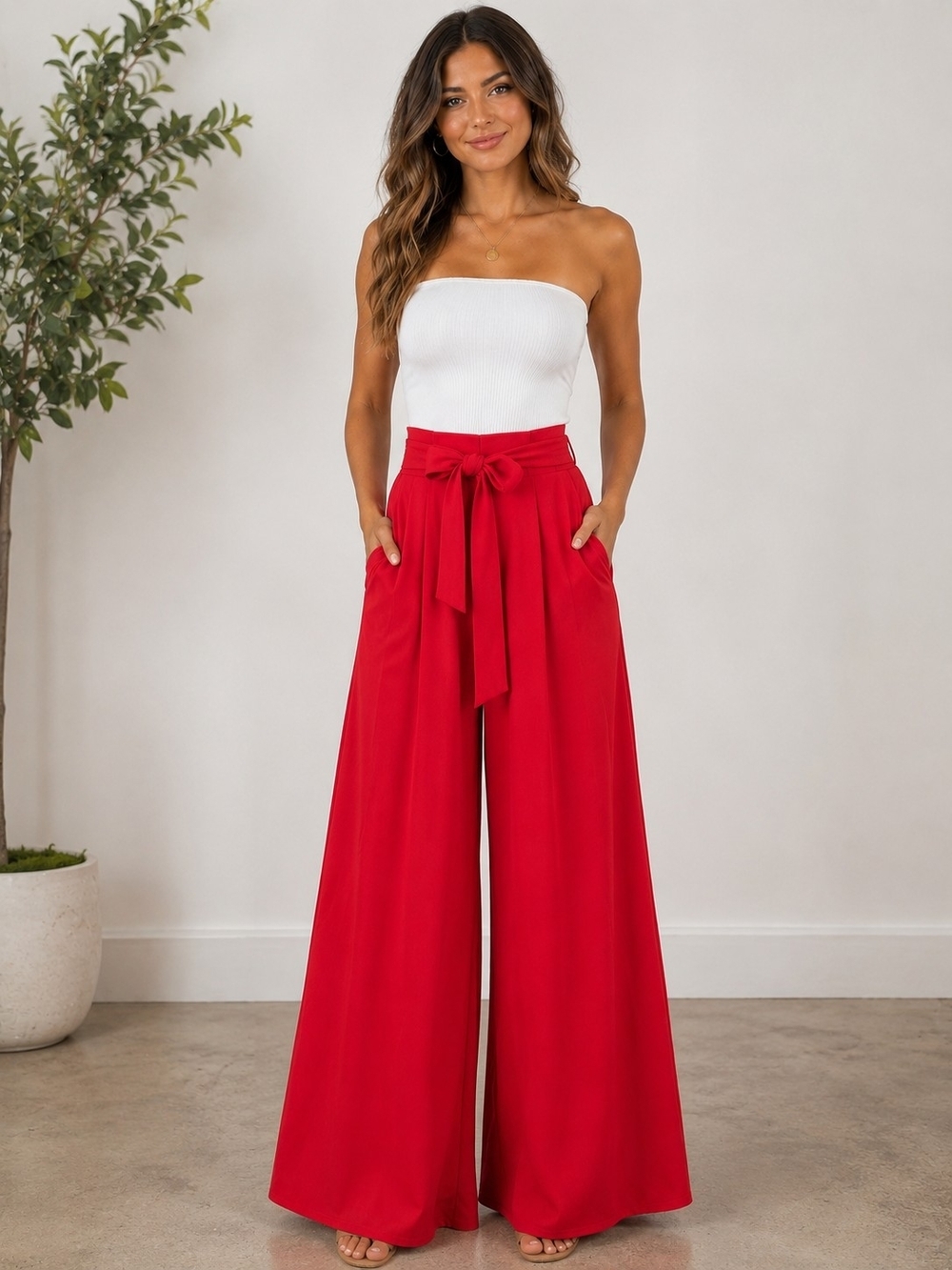 Flying Tomato High-Waist Wide Leg Pants in Red with Tie Size Small